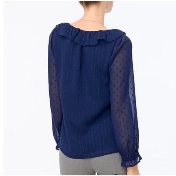 J. Crew V Neck Shimmery Clip Dot Ruffleneck Top Blue Size M - Picture 2 of 12